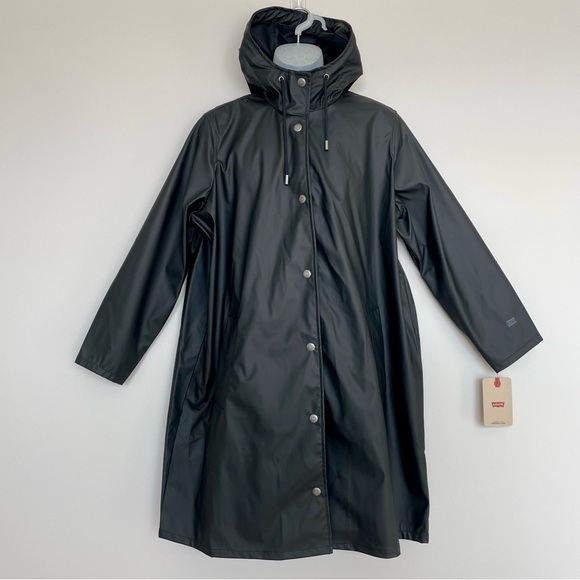 NEW! | Black Levi’s Plus Size Hooded Long-Sleeve Zip-Front Rain Coat | Size 1X - Picture 1 of 15